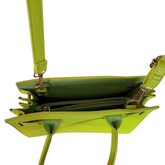 NWT PU Leather Textured Crossbody Nano Tote Bag Neon Green OS - Picture 6 of 10